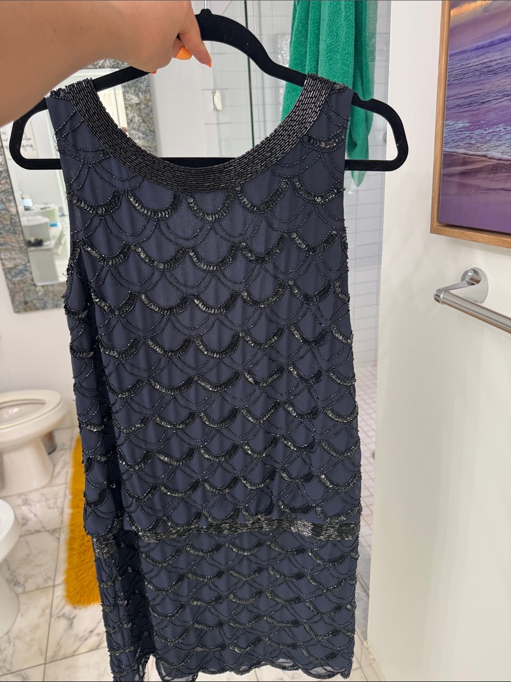 Adrianna Papell Navy Beaded Scallop Mini Dress